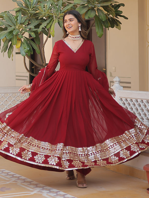 Maroon Sequins Work Lace Border Gown With Dupatta