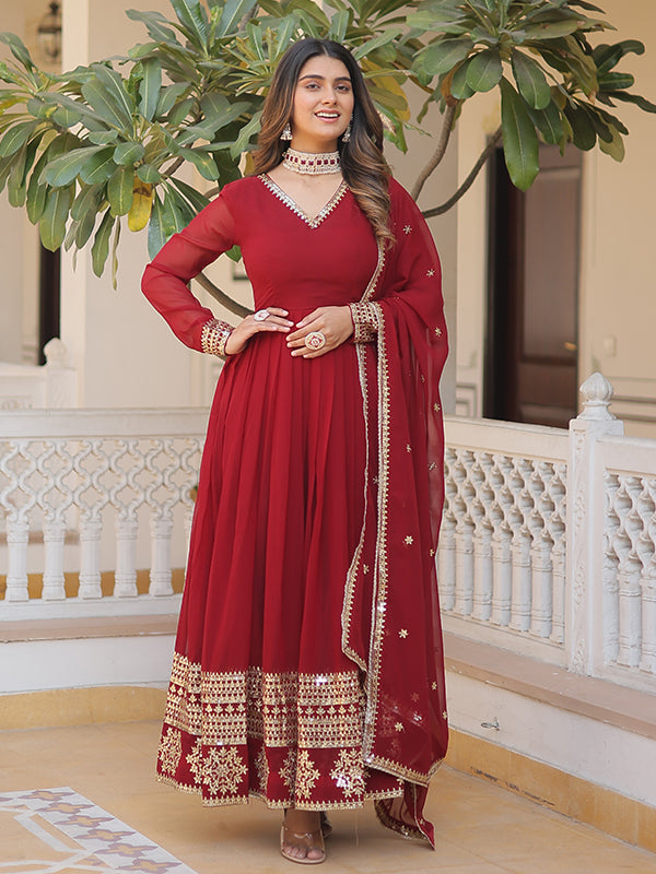 Maroon Sequins Work Lace Border Gown With Dupatta