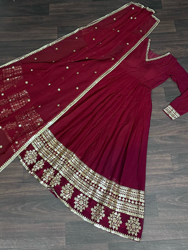 Maroon Sequins Work Lace Border Gown With Dupatta