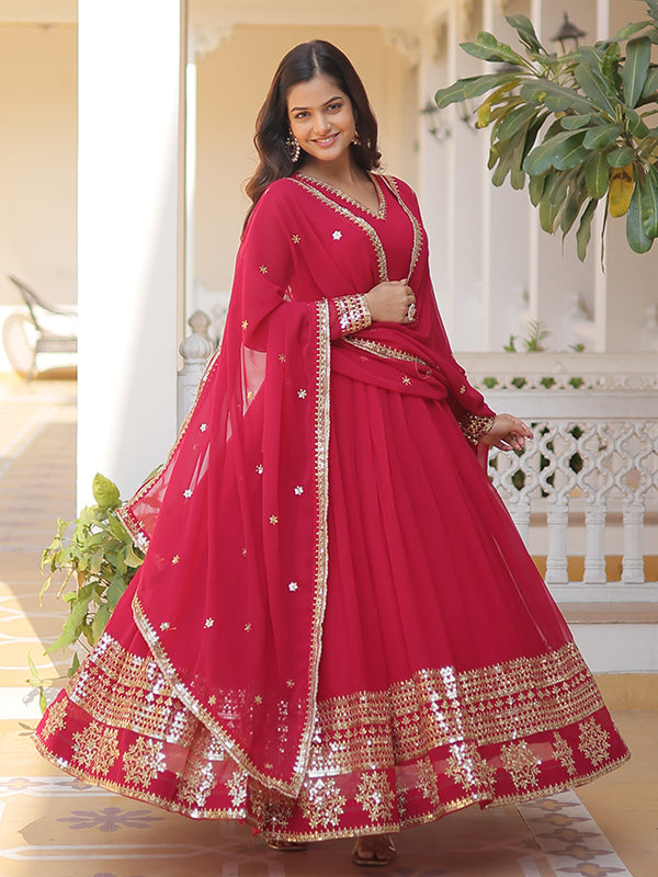 Pink Sequins Work Lace Border Gown With Dupatta