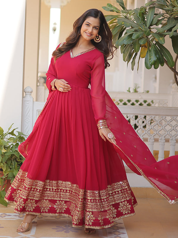 Pink Sequins Work Lace Border Gown With Dupatta