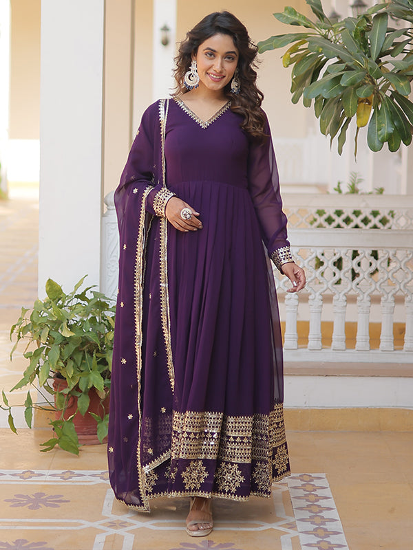 Purple Sequins Work Lace Border Gown With Dupatta