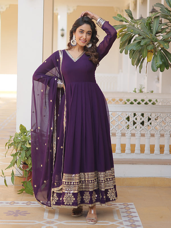 Purple Sequins Work Lace Border Gown With Dupatta