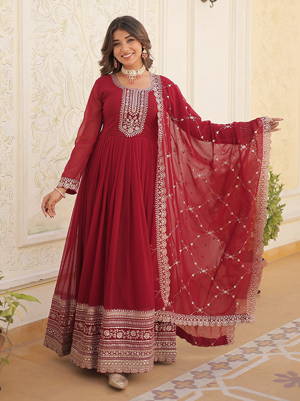 Maroon Faux Blooming Rich Sequins Embroidered Gown With Dupatta