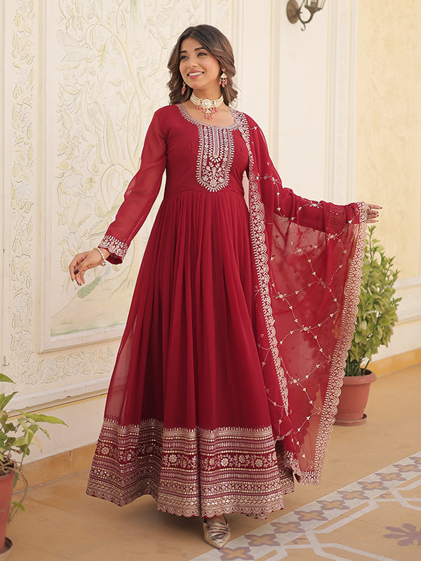 Maroon Faux Blooming Rich Sequins Embroidered Gown With Dupatta