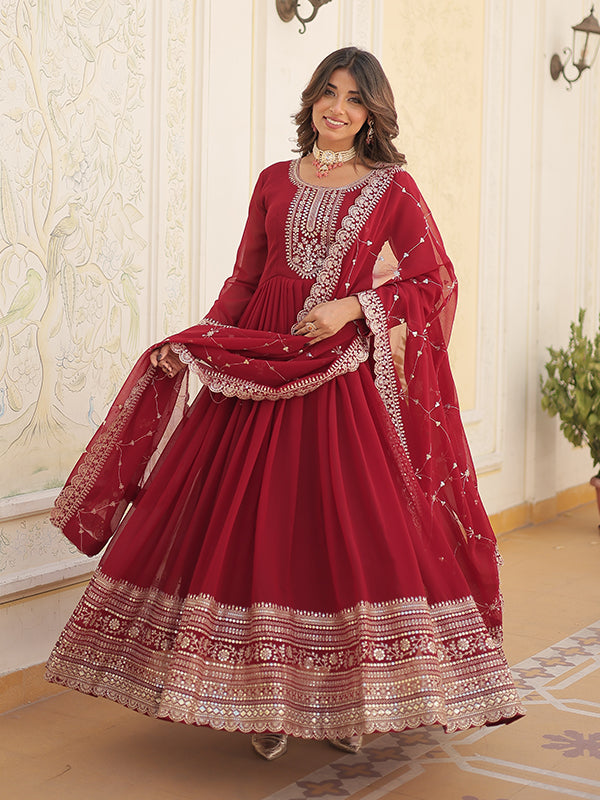 Maroon Faux Blooming Rich Sequins Embroidered Gown With Dupatta