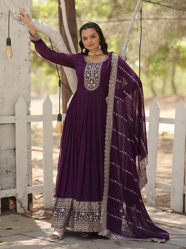 Purple Faux Blooming Rich Sequins Embroidered Gown With Dupatta