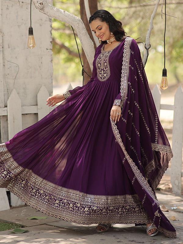 Purple Faux Blooming Rich Sequins Embroidered Gown With Dupatta