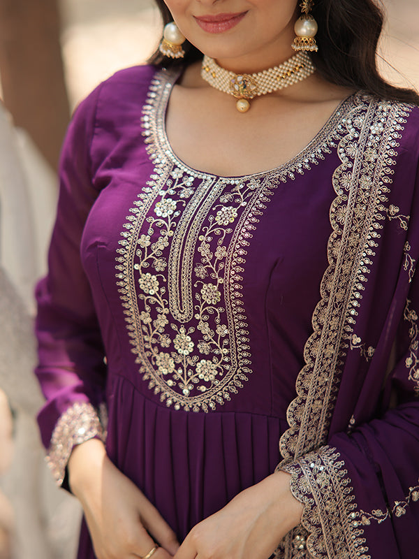 Purple Faux Blooming Rich Sequins Embroidered Gown With Dupatta