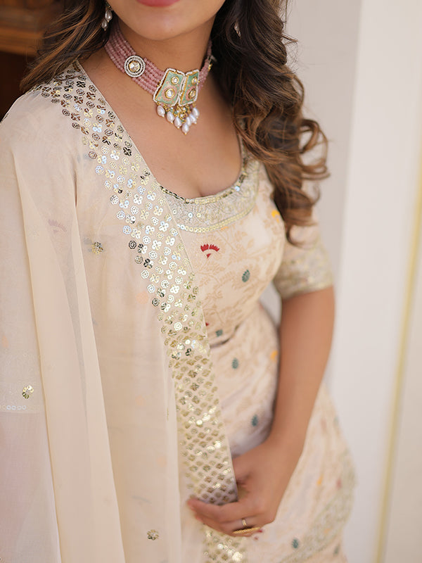 Beige Viscose Jacquerd Embroidered Kurta With Sharara & Dupatta