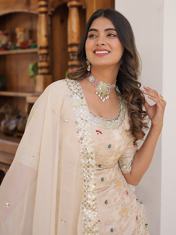 Beige Viscose Jacquerd Embroidered Kurta With Sharara & Dupatta