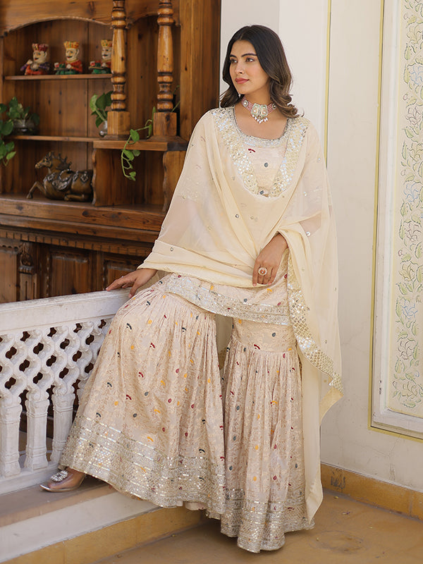 Beige Viscose Jacquerd Embroidered Kurta With Sharara & Dupatta