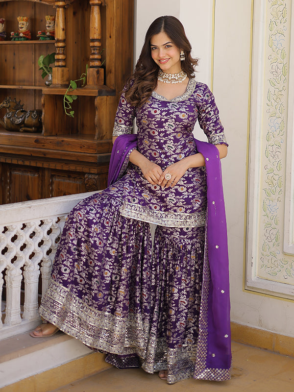 Purple Viscose Jacquerd Embroidered Kurta With Sharara & Dupatta