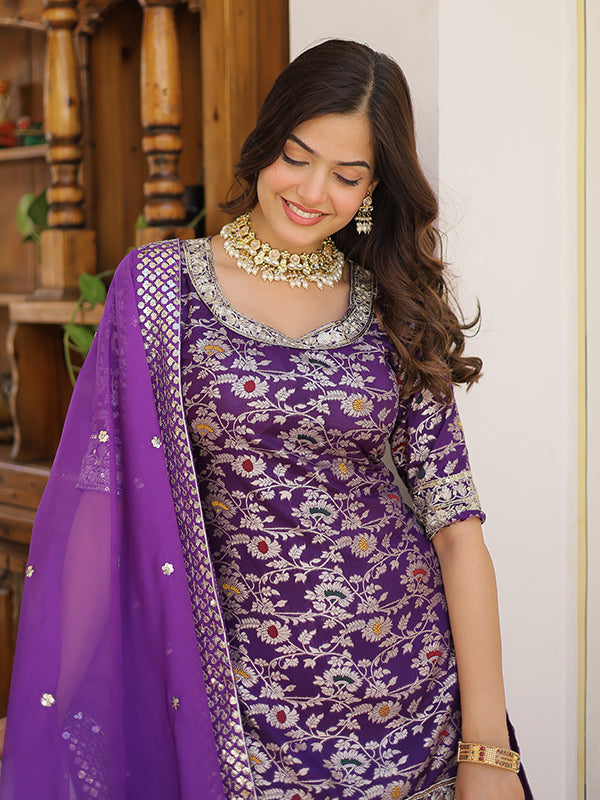 Purple Viscose Jacquerd Embroidered Kurta With Sharara & Dupatta