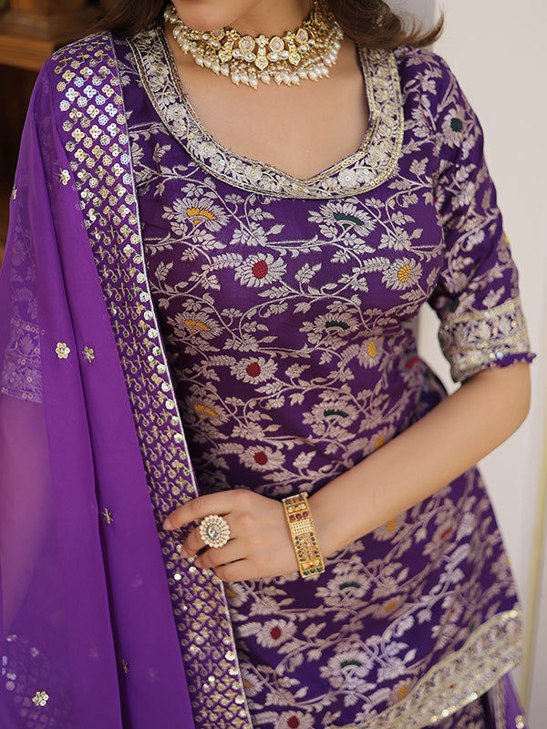 Purple Viscose Jacquerd Embroidered Kurta With Sharara & Dupatta