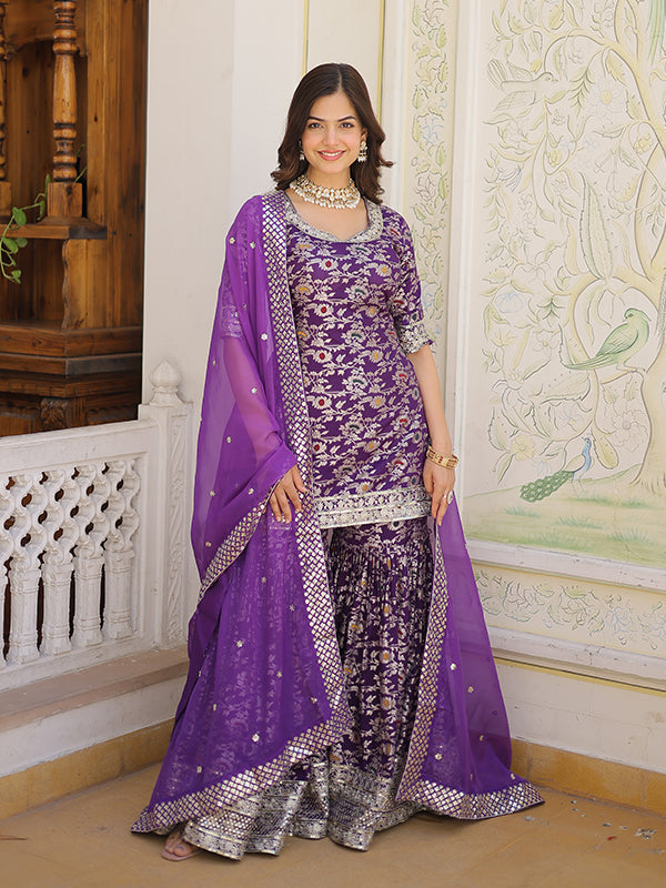 Purple Viscose Jacquerd Embroidered Kurta With Sharara & Dupatta