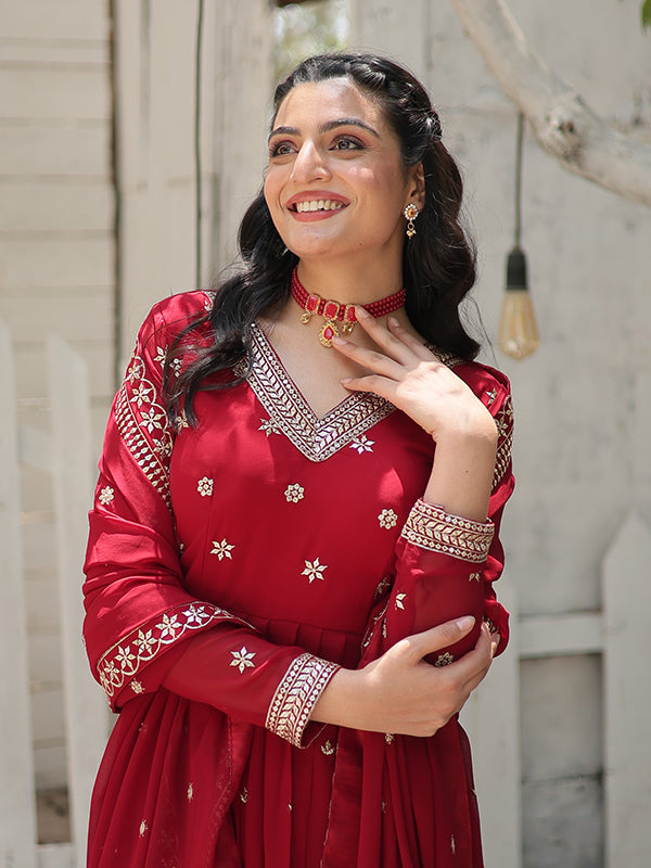 Maroon Faux Blooming Rich Sequins Heavy Gown With Dupatta