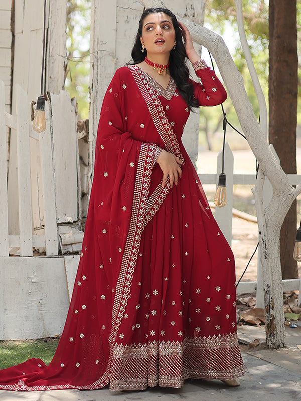 Maroon Faux Blooming Rich Sequins Heavy Gown With Dupatta