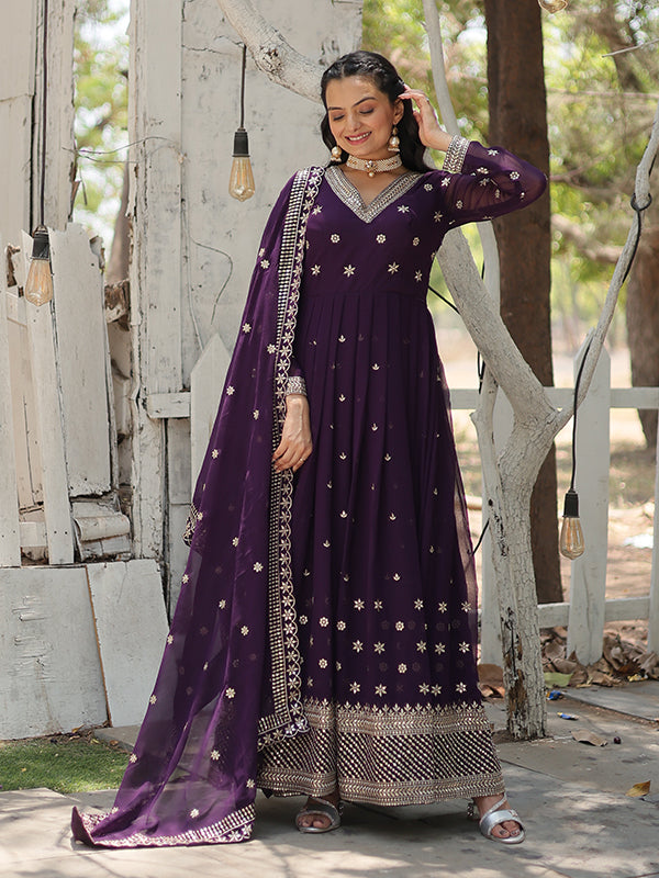 Purple Faux Blooming Rich Sequins Heavy Gown With Dupatta