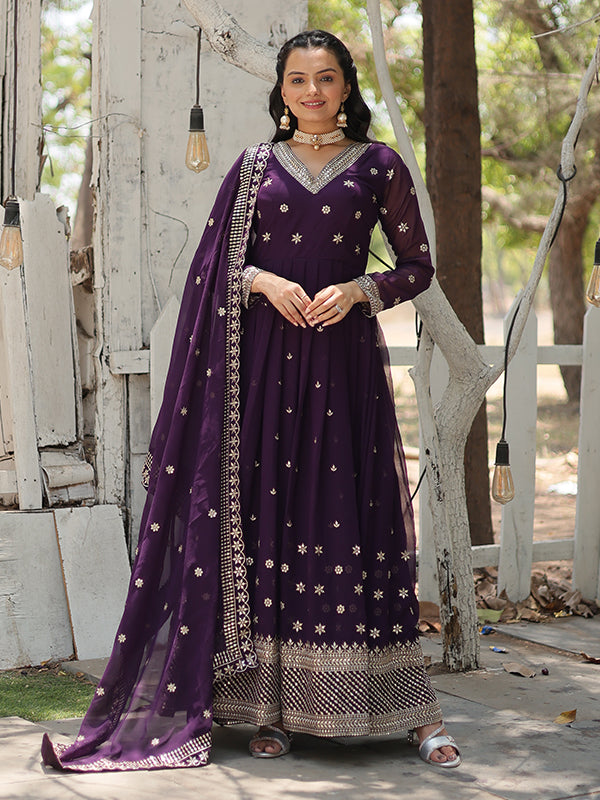 Purple Faux Blooming Rich Sequins Heavy Gown With Dupatta