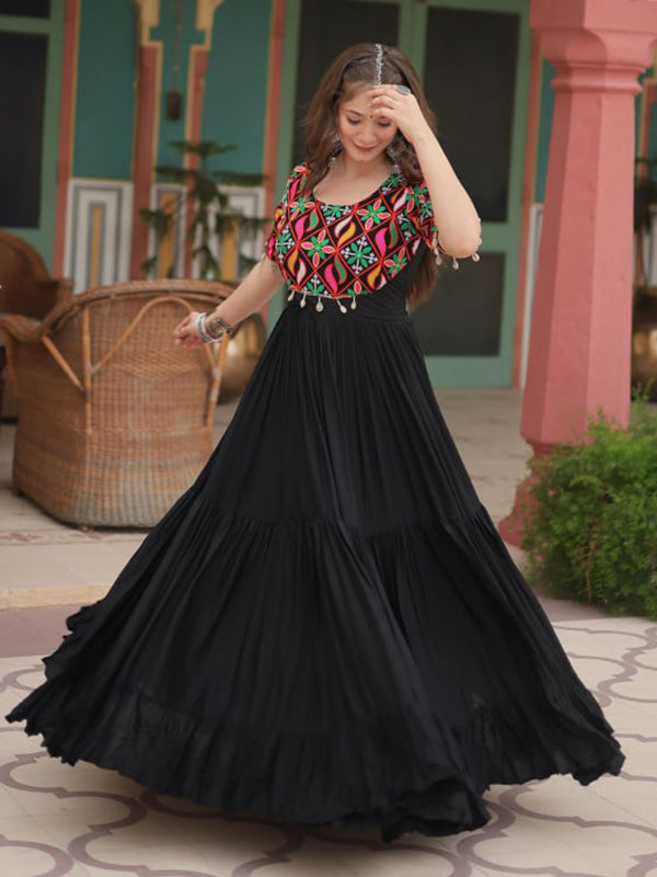 Kutchi Gamthi Work Black Full Flair Gown