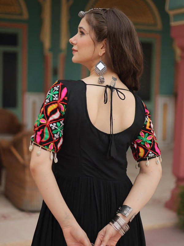 Kutchi Gamthi Work Black Full Flair Gown