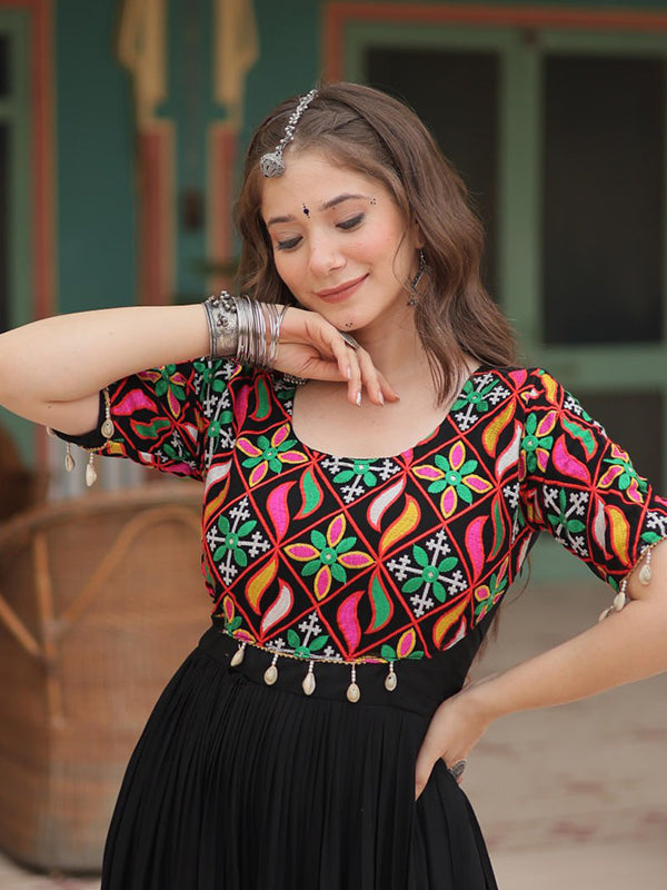 Kutchi Gamthi Work Black Full Flair Gown