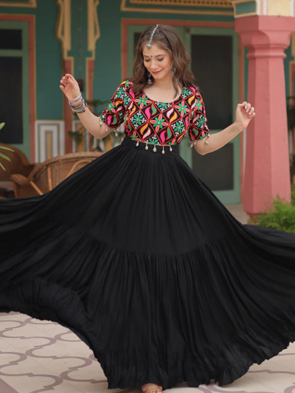 Kutchi Gamthi Work Black Full Flair Gown
