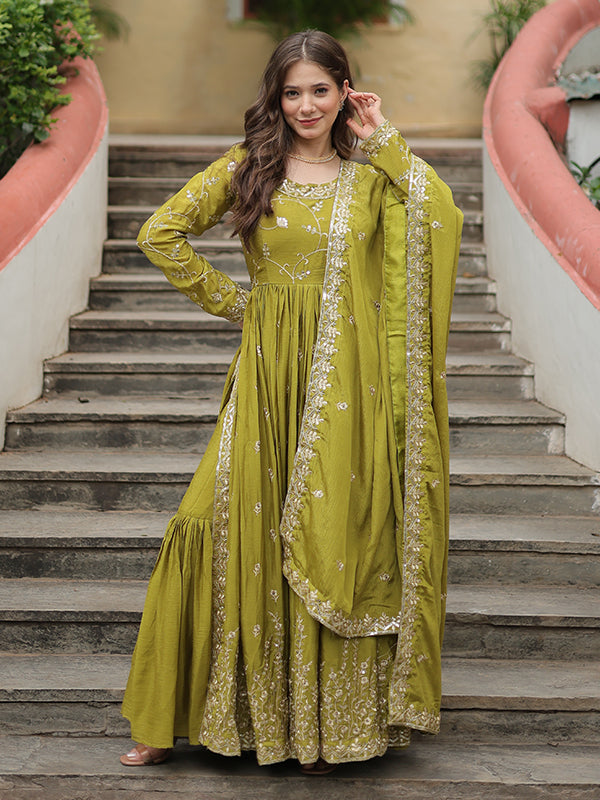 Olive Chinon Rich Sequins Embroidered Kurta With Sharara & Dupatta