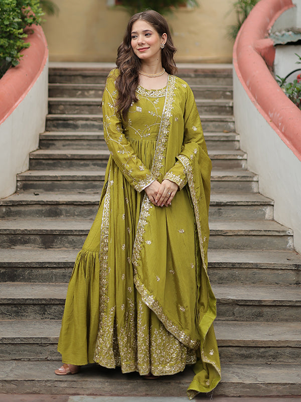 Olive Chinon Rich Sequins Embroidered Kurta With Sharara & Dupatta