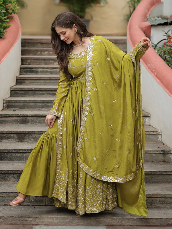 Olive Chinon Rich Sequins Embroidered Kurta With Sharara & Dupatta