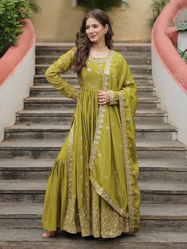 Olive Chinon Rich Sequins Embroidered Kurta With Sharara & Dupatta