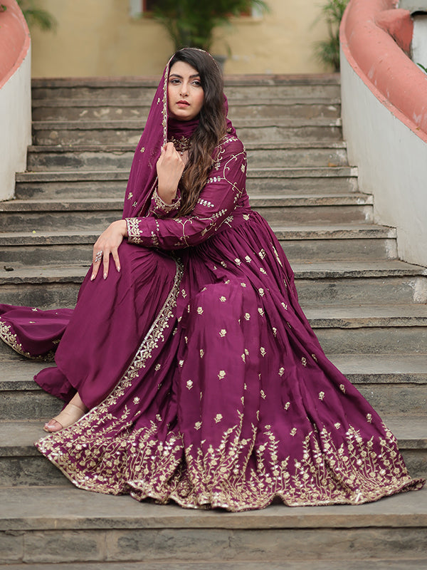 Wine Chinon Rich Sequins Embroidered Kurta With Sharara & Dupatta