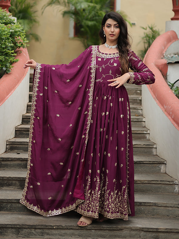 Wine Chinon Rich Sequins Embroidered Kurta With Sharara & Dupatta