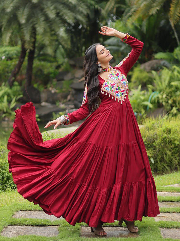 Navratri Special Maroon Kutchi Gamthi Work Gown