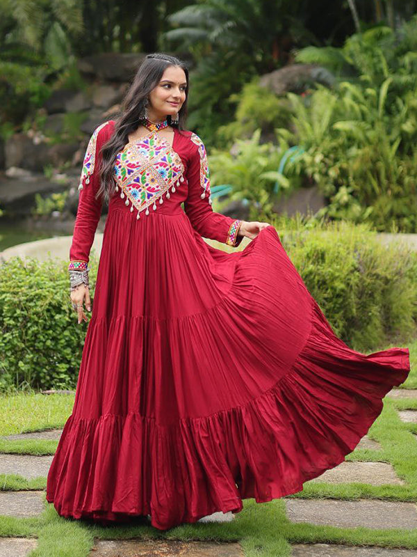 Navratri Special Maroon Kutchi Gamthi Work Gown