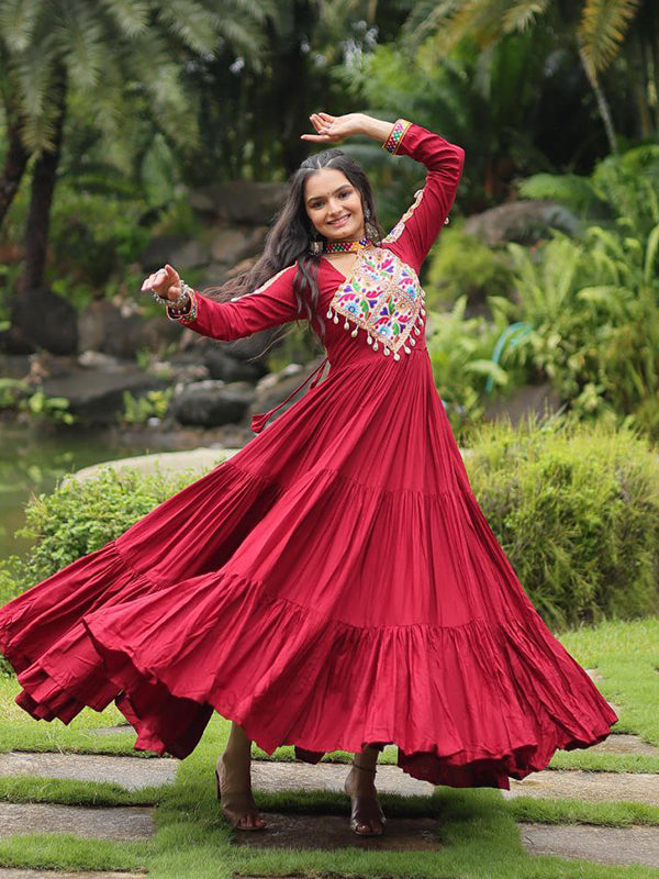 Navratri Special Maroon Kutchi Gamthi Work Gown