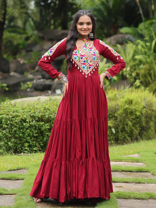 Navratri Special Maroon Kutchi Gamthi Work Gown