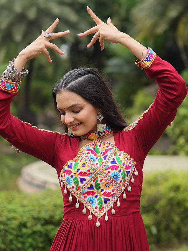 Navratri Special Maroon Kutchi Gamthi Work Gown