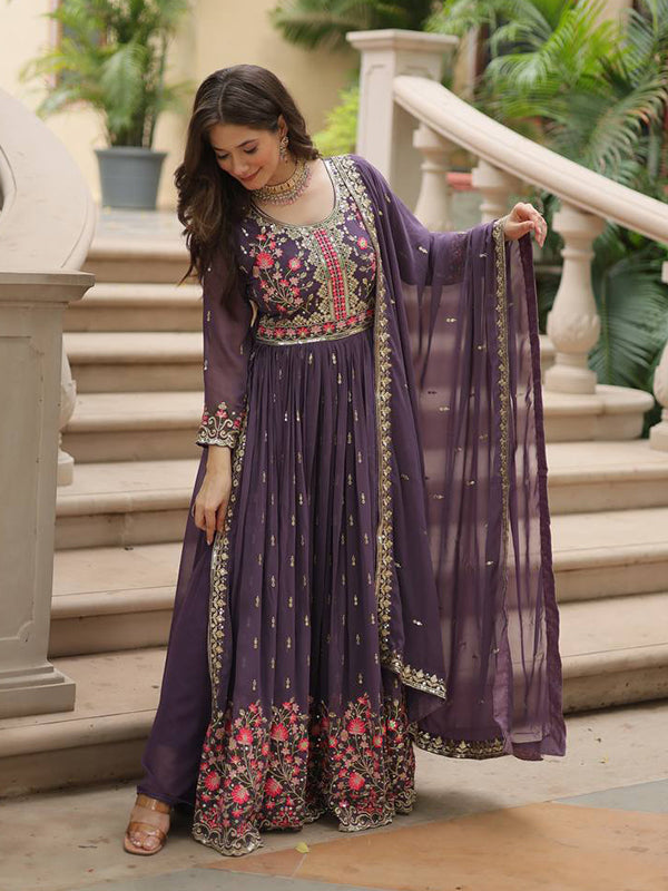 Deep Purple Georgette Sequins Embroidery Work Sharara Suit With Dupatta