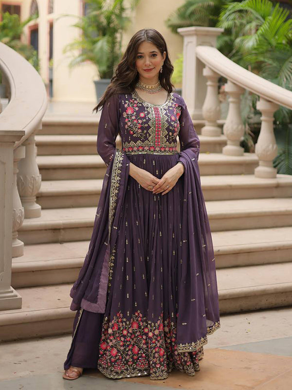 Deep Purple Georgette Sequins Embroidery Work Sharara Suit With Dupatta