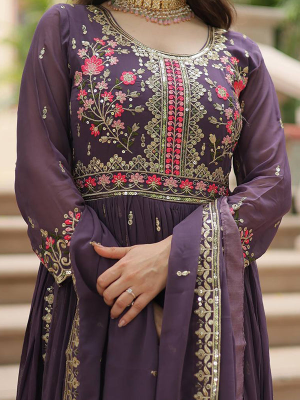 Deep Purple Georgette Sequins Embroidery Work Sharara Suit With Dupatta