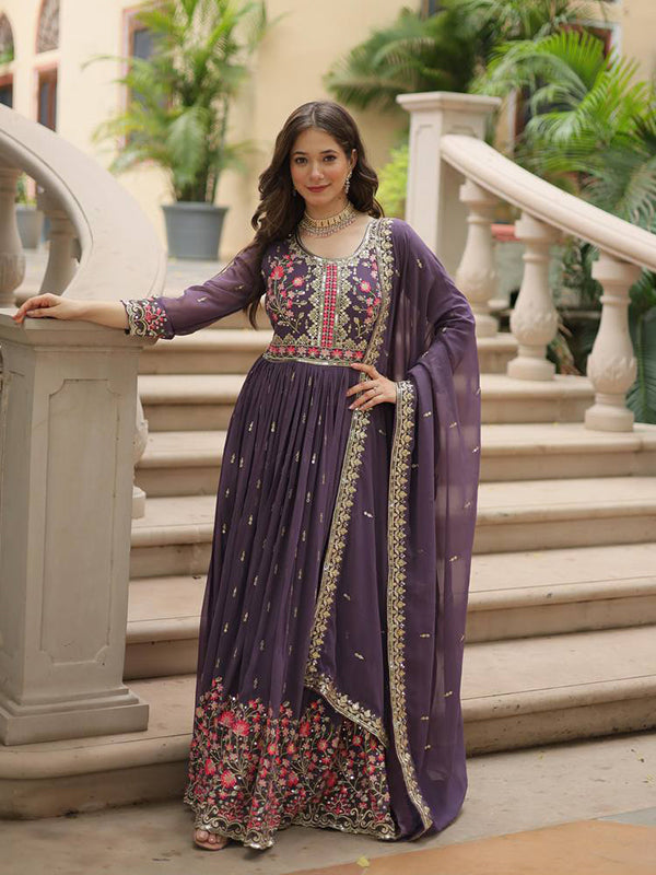 Deep Purple Georgette Sequins Embroidery Work Sharara Suit With Dupatta