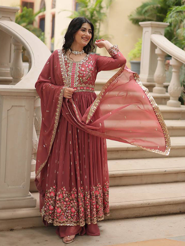 Rust Red Georgette Sequins Embroidery Work Sharara Suit With Dupatta