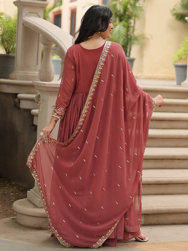 Rust Red Georgette Sequins Embroidery Work Sharara Suit With Dupatta