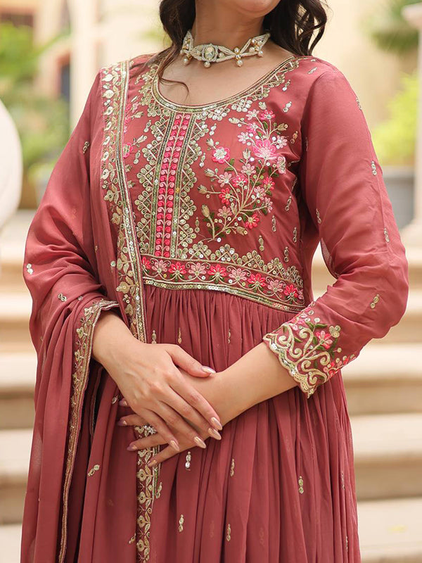 Rust Red Georgette Sequins Embroidery Work Sharara Suit With Dupatta
