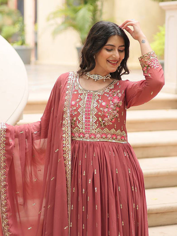Rust Red Georgette Sequins Embroidery Work Sharara Suit With Dupatta