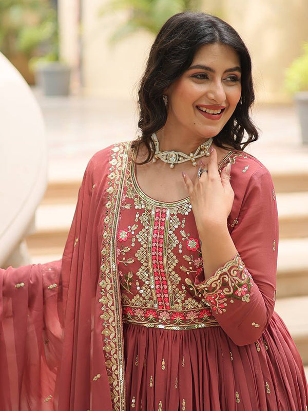Rust Red Georgette Sequins Embroidery Work Sharara Suit With Dupatta