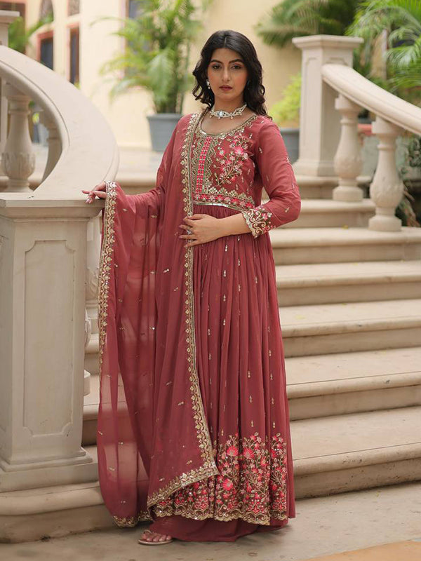 Rust Red Georgette Sequins Embroidery Work Sharara Suit With Dupatta