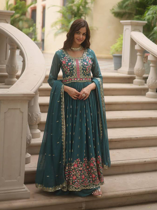 Teal Blue Georgette Sequins Embroidery Work Sharara Suit With Dupatta